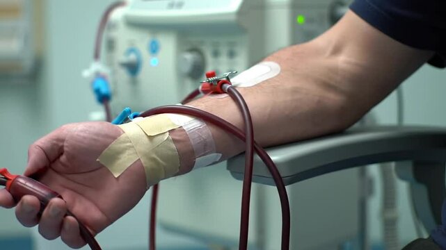 Dialysis Treatment Close Up of Man's Arm with Blood Flowing Through Tubing and Medical Equipment