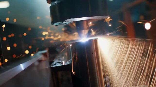 A dynamic shot of laser energy pulsing out from a robotic nozzle impacting a turbine blade in motion capturing the intensity and precision of the peening process.