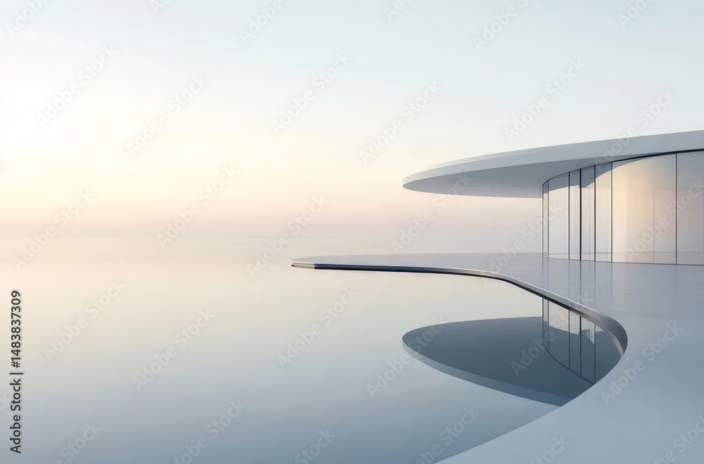 Poster 穏やかな海に面した白を基調としたミニマリスト建築の未来的な湾岸構造 物