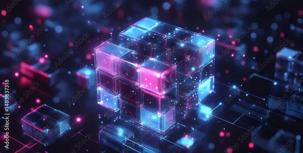 Poster ピンクと青の粒子と光を持つ抽象的な3dキューブブロック未来的な技術の背景