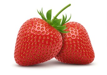 Two ripe strawberries with green leaves isolated on a white background