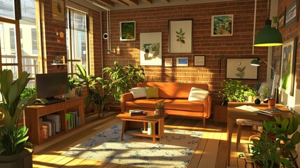 Fototapeta premium A cozy living room in 3D. Working from home is now a popular trend. A home office is a safe workspace. 