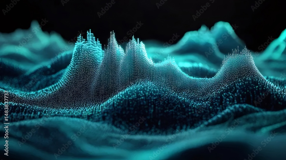 Poster ターコイズブルーのパーティクルで生成された抽象的な山の風景 ブラックの背景に浮かぶデジタルアートの波と幾何学的な形状