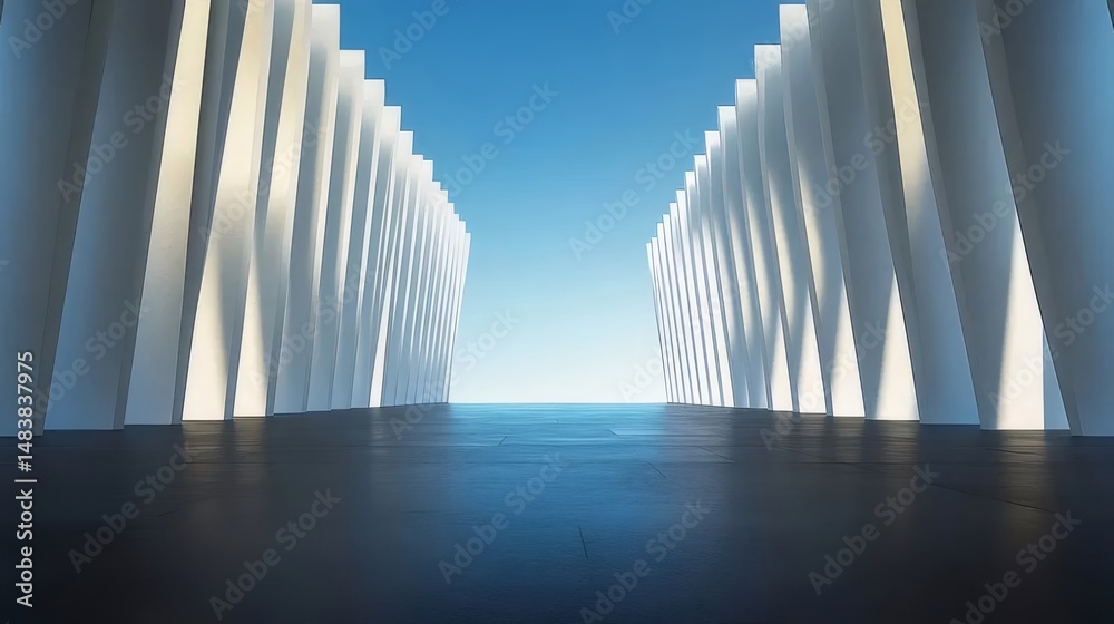 Poster 抽象的な白い建築構造と青い空のミニマリズムの背景 モダンな幾何学的デザインの未来的な建築とコンクリートの床のあるデジタルレンダリング