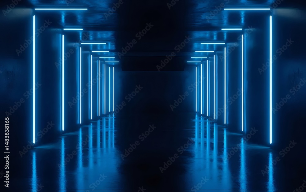Aufkleber 青いネオンライトが照らすコンクリートのトンネル 未来的な通路と幾何学的なデザインの背景