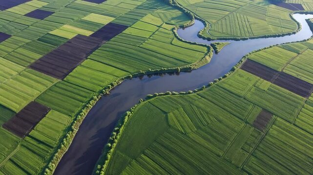 Serene aerial journey over vibrant patchwork fields and meandering river