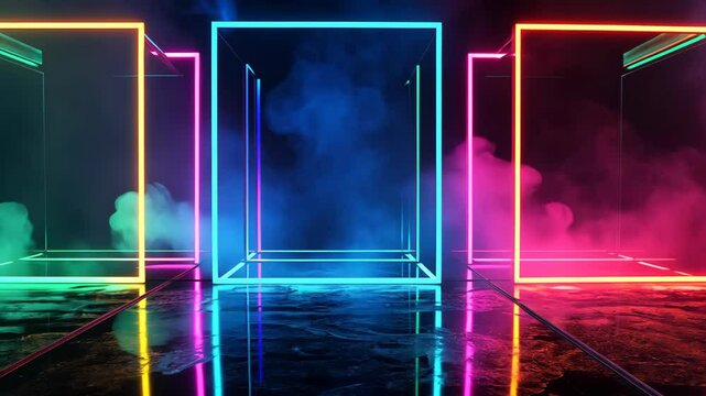 A series of neon colored boxes with smoke coming out of them. The boxes are arranged in a row and are illuminated with bright colors. Scene is energetic and futuristic