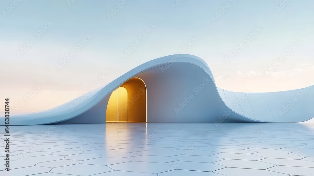 Aufkleber 抽象的な幾何学的デザインの白い未来的な建築物、夕暮れの光が反射する表面にアーチ型の入り口を持つ現代的なミニマリスト構造