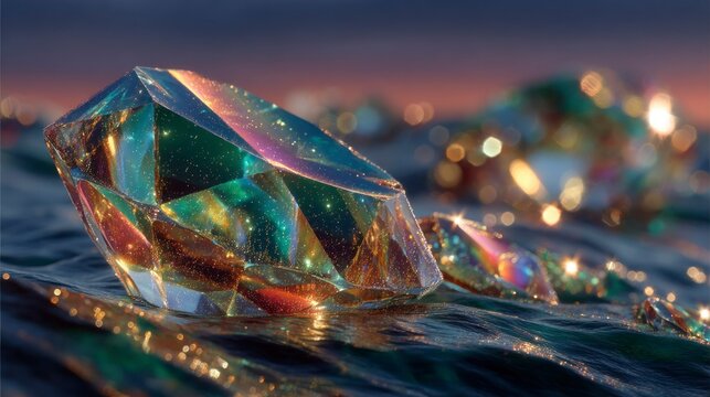 Sparkling Gemstones Reflecting Sunset Colors on Water Surface