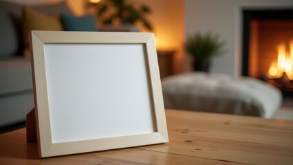 Modern mockup of a blank photo frame in a cozy living room setting.