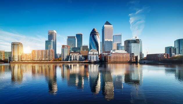 canary wharf skyscrapers london sunny day reflections