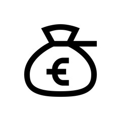 Euro symbol inside a money bag with a tied top depicted in a simple black outline style illustration