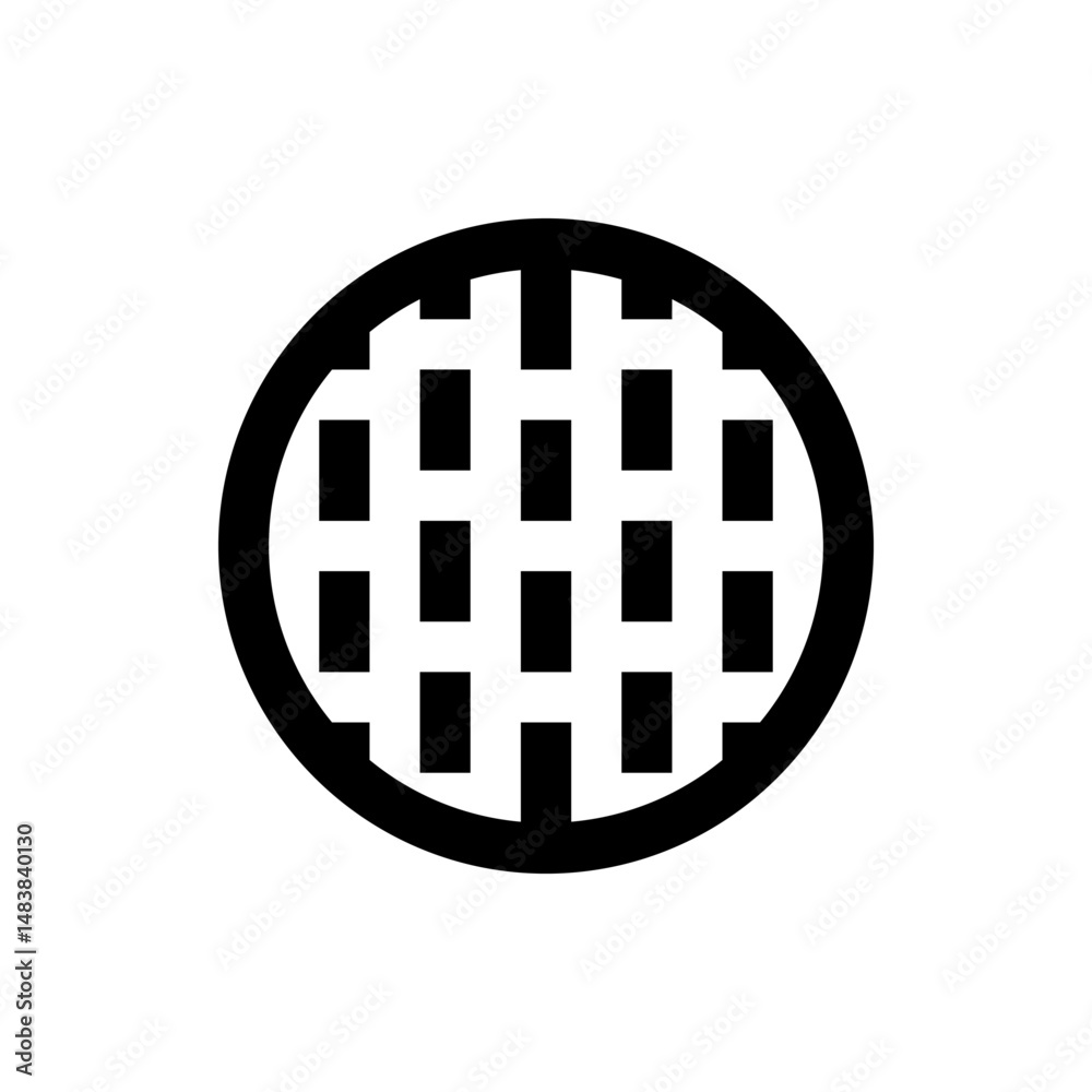 Poster illustration of a circular shape with a grid pattern composed of vertical and horizontal lines insid