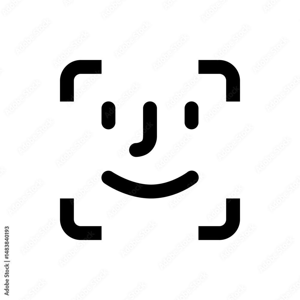 Poster simple face recognition icon with rounded rectangle corners and basic facial features in black outli