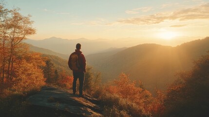 A man is enjoying a peaceful hike in the fall. He's taking in the pretty views from a mountain top in the Smoky Mountains near Gatlinburg, Tennessee.
