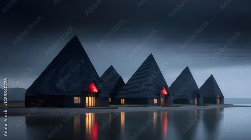 Poster 海岸線に並ぶ尖塔型の屋根を持つ小屋の夜景 穏やかな水面に反射する光が美しい 静寂に包まれた幻想的な建築景観