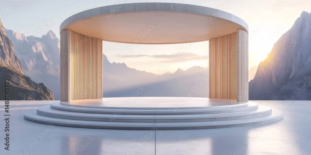 Poster 穏やかな山の背景に円形の木製ステージ建築の構造カラムと黄金の内部の光が特徴のミニマルな3d景観