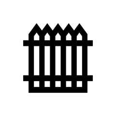 Illustration of a black picket fence with pointed tops and horizontal rails on a white background design element