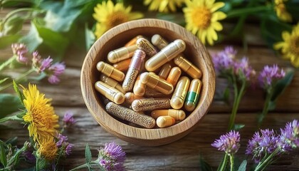 Fototapeta premium Herbal Capsules in a Wooden Bowl Surrounded by Flowers