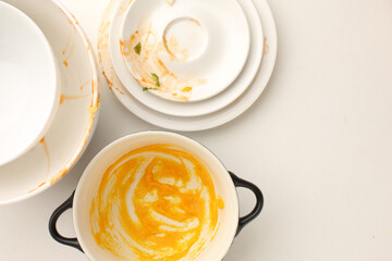 Dirty dishes on white background