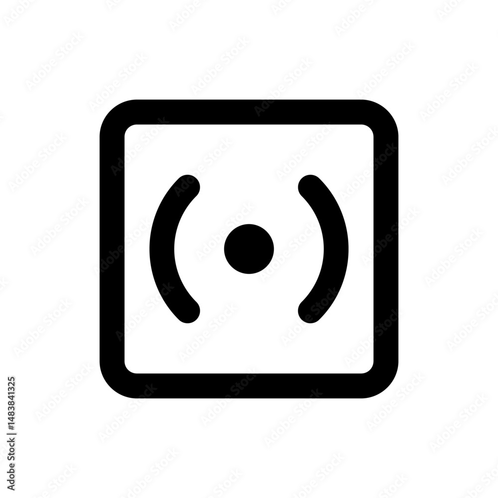 Poster black square outline containing a centered dot with two curved lines on either side of the dot desig