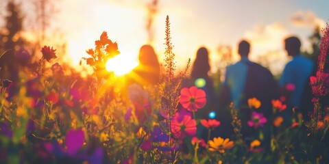 A group of friends laughing in a summer garden, vibrant blooms, golden sunlight, joyful and carefree atmosphere