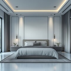 Modern bedroom interior design. Luxury home bedroom with empty white wall background. 3D Rendering, 3D Illustration