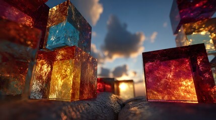 Vibrant Glass Cubes Reflecting Sunset Colors in a Serene Outdoor Scene