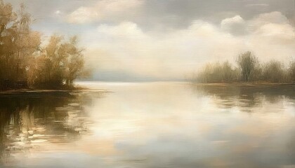 Fototapeta premium A serene lake with calm waters reflecting the sky and trees on a cloudy day