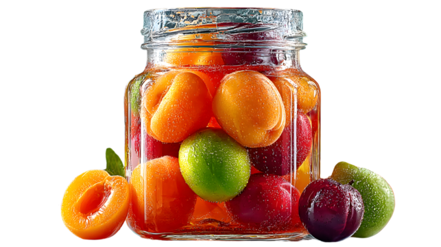 Glass jar of assorted fruits colorful preserved fruit summer harvest healthy food sweet des