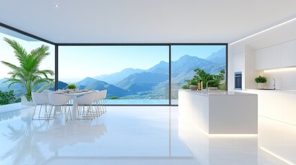 Fototapeta premium Modern Mountain View Home Kitchen Design with Stunning Panoramic Views