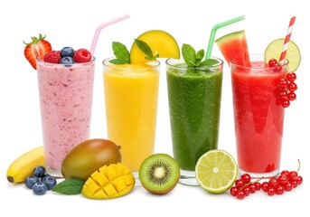 Assortment of colorful fruit smoothies in glasses isolated on white