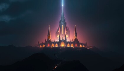 Majestic gothic castle on mountain peak with ethereal glowing light.
