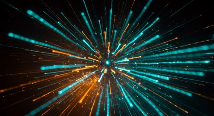 Abstract Light Burst Background - Dynamic teal and gold light streaks radiating outwards, creating an energetic, abstract background ideal for technology, speed, and energy concepts