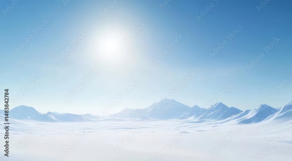 Aufkleber 太陽が輝く白と青の冬の雪の風景 山と氷原を背景にした静かな雪景色
