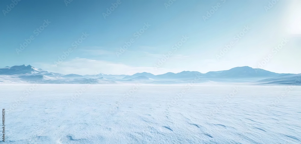 Poster 雪に覆われた平原が広がる冬の風景と淡い青色の空 山々の背景のパノラマビューと広大な寒さと寒さの風景