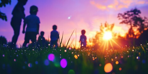 A group of children playing in a meadow, dew drops on grass, soft sunrise light, lively and joyful mood