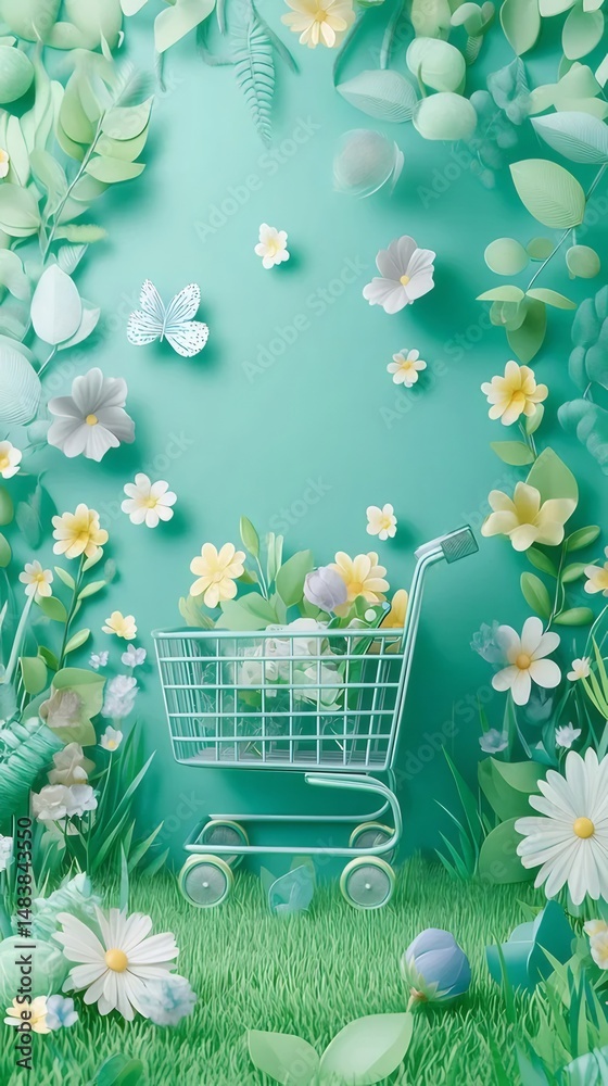 Aufkleber パステルグリーンの背景に花の装飾とショッピングカートを備えた春の植物の牧歌的な静物画