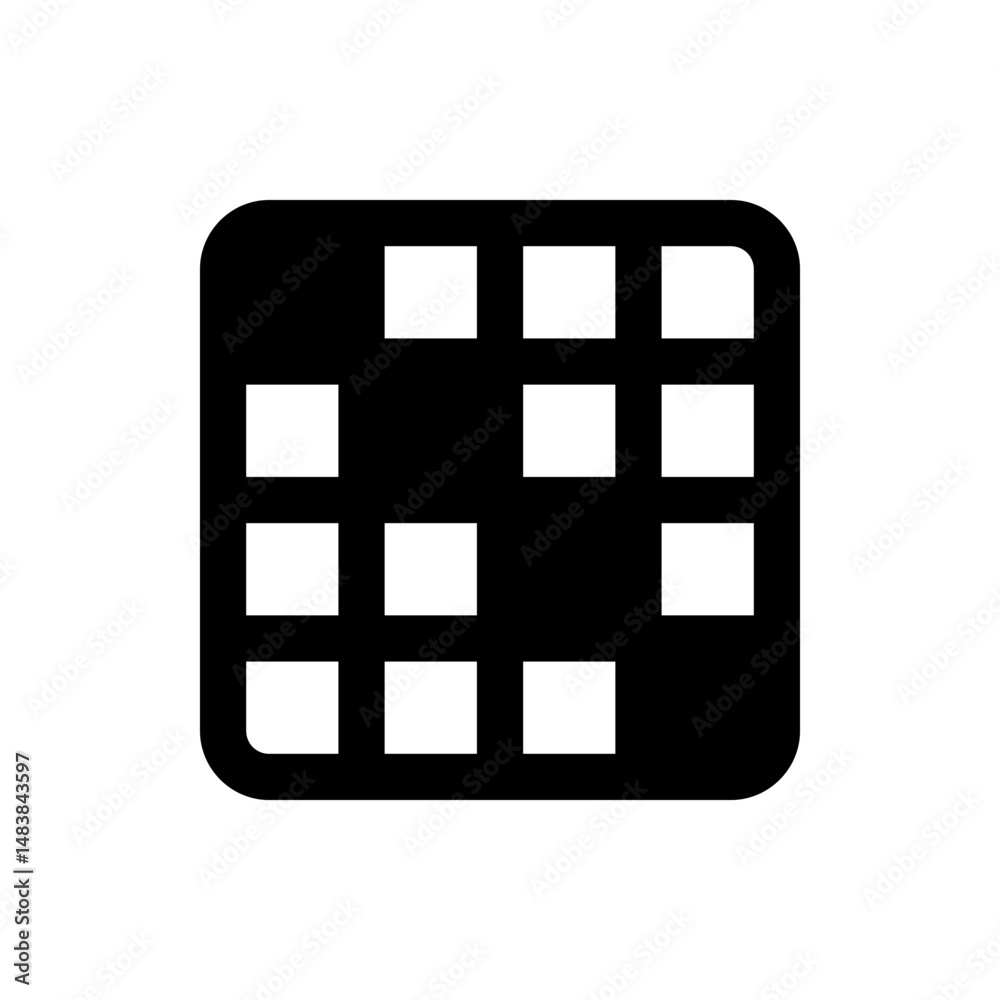 Poster black rounded square grid with scattered white squares creating a pixelated pattern design element i