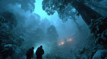 Snowy Forest at Night Hikers with Headlamps