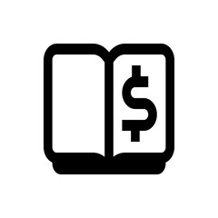 Illustration of an open book with a dollar sign on the right page in black and white simple style
