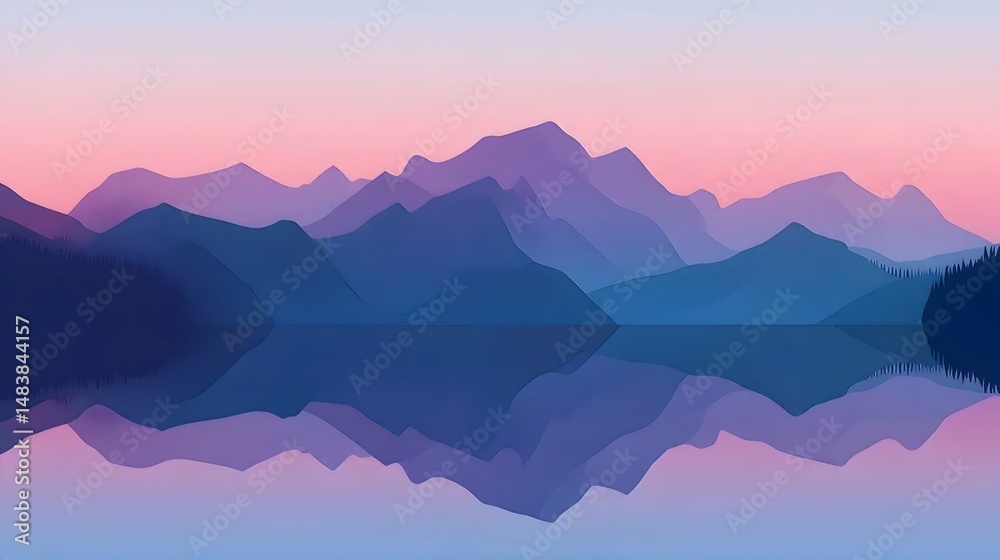 Aufkleber パステルカラーの空を背景にした山々の静かな風景 リフレクションが水面に映る穏やかな湖の景色