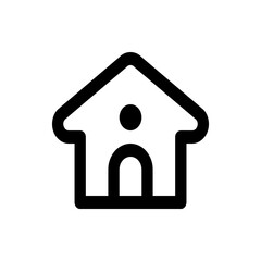 A simple black and white icon of a house outline with a circle and arched line inside the house shape design