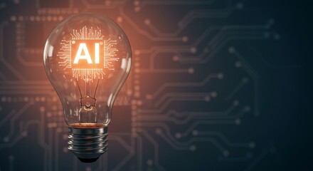 AI Innovation: A Bright Idea - Symbolizing intelligence, technology, progress, solutions, and future, this depicts AI as a glowing light bulb within a circuit board