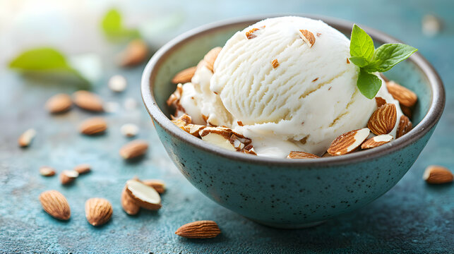 A scoop of smooth Helado de Turr?n, Nougat Ice Cream, served in a bowl with crunchy almond pieces sprinkled on top