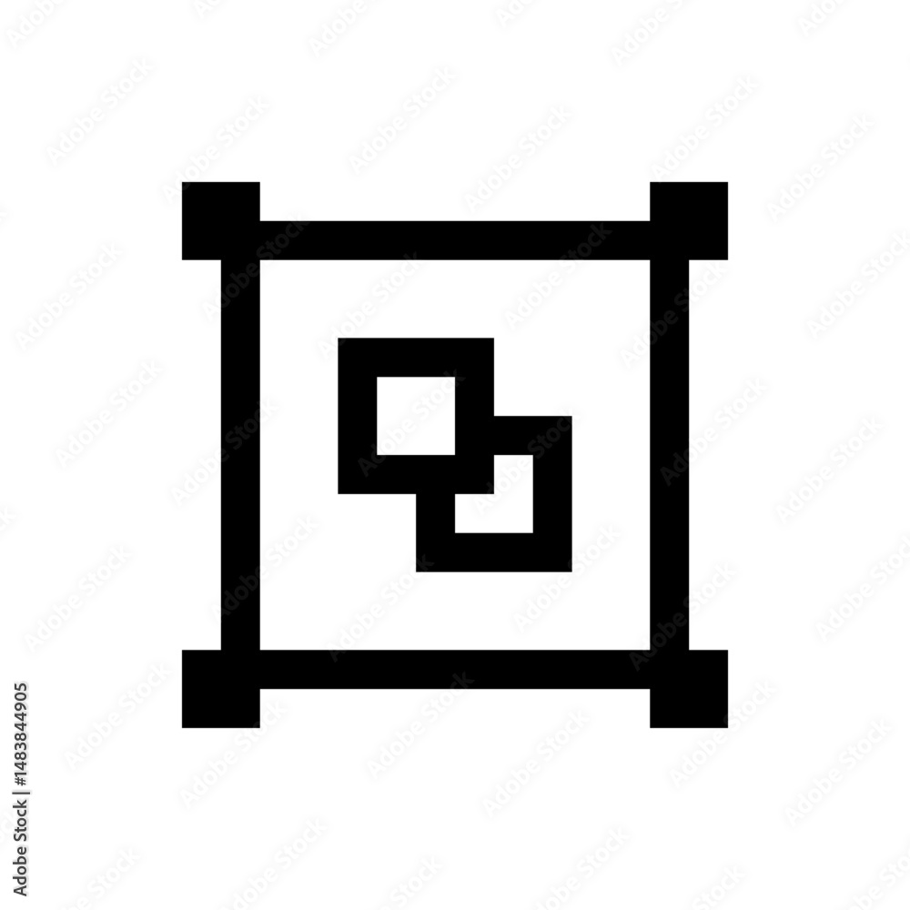 Poster black outline square frame with corner blocks containing two overlapping smaller squares inside it