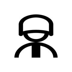 Illustration of a person wearing a helmet with a simple line drawing style in black and white color scheme