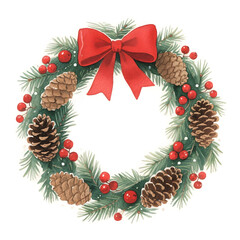 Fototapeta premium Watercolor Christmas Wreath with Pinecones, Red Berries, Festive Red Bow on White Background, Hand-Painted Holiday Decoration Art