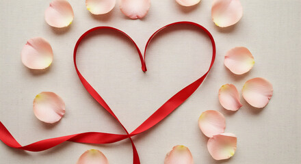 Fototapeta premium Red Ribbon Heart Surrounded by Pink and Red Rose Petals Love Valentine’s Day