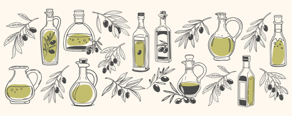 Big set of olive oil bottles and olive branches. Collection of illustrations of olive oil, leaves, branches, natural products. Hand drawn sketch illustration.